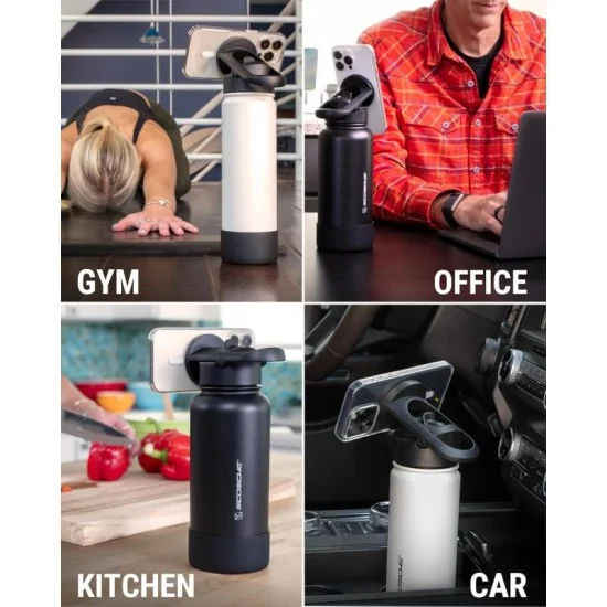 Scosche Stainless Steel Water Bottle With Magnetic Phone Holder And Tripod - 650Ml - Black